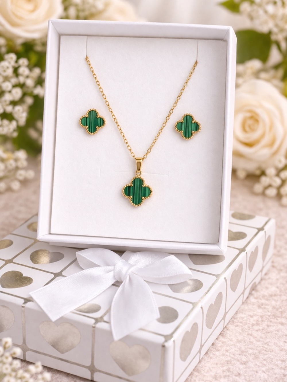 Four Leaf Clover Jewelry Set Stainless Steel Women Gift
Necklace Earrings In Box
